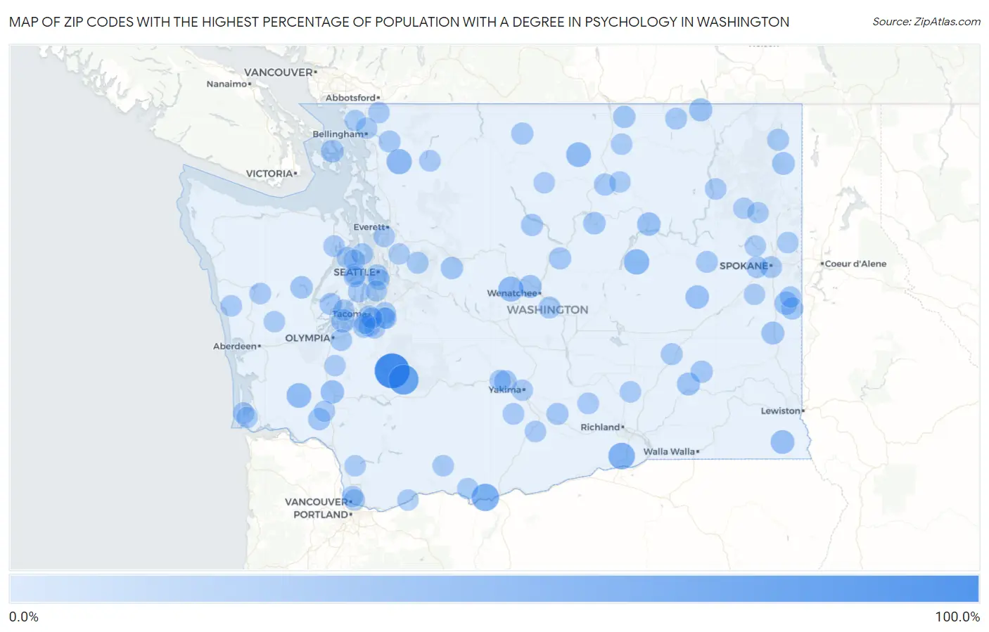 Zip Codes with the Highest Percentage of Population with a Degree in Psychology in Washington Map
