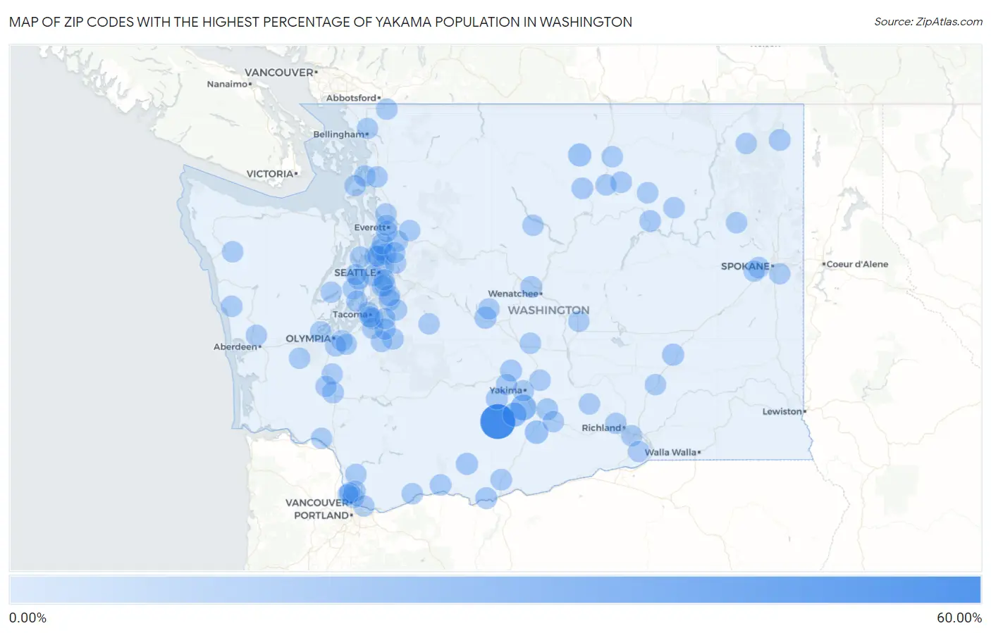 Zip Codes with the Highest Percentage of Yakama Population in Washington Map