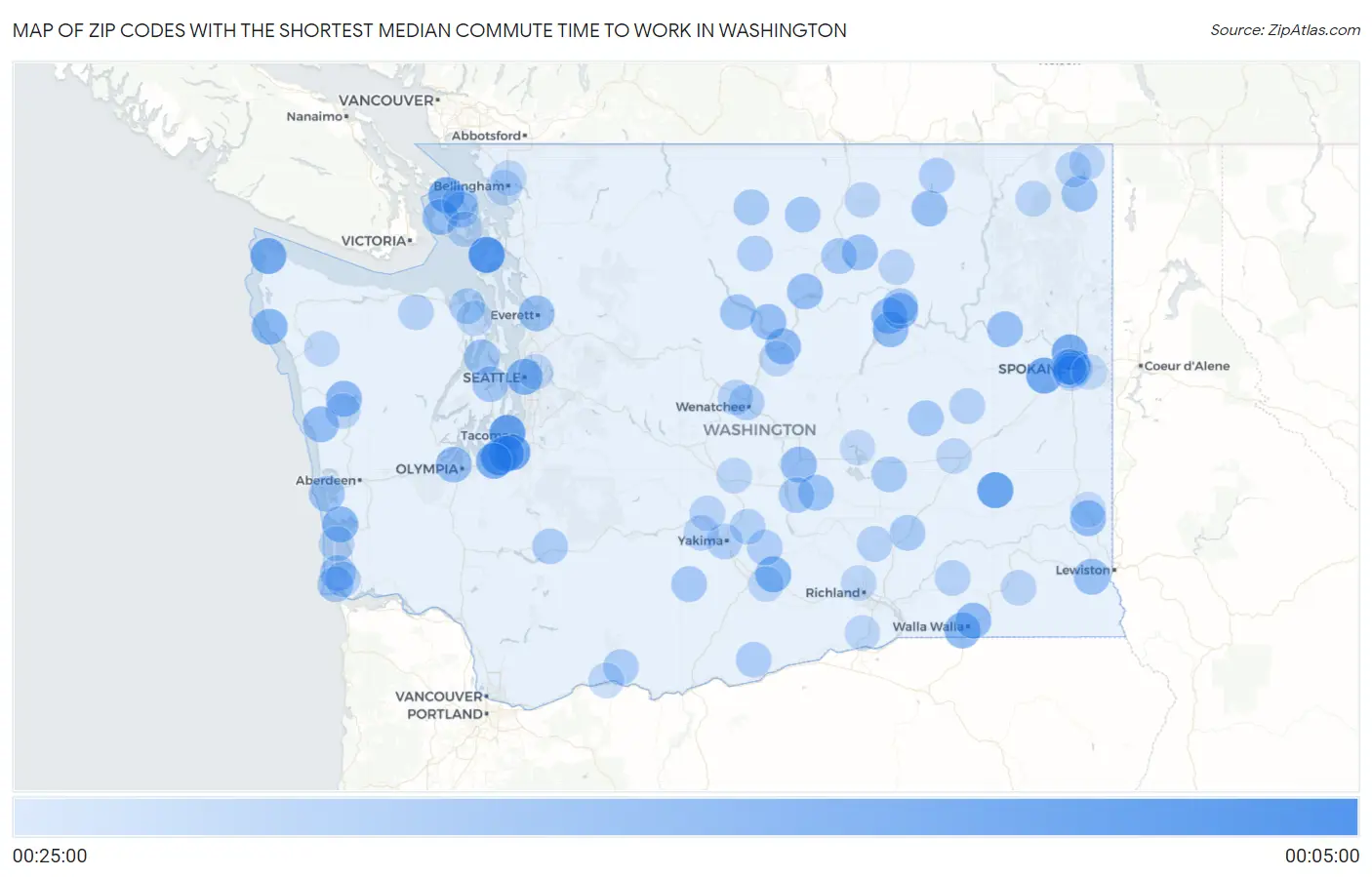 Zip Codes with the Shortest Median Commute Time to Work in Washington Map