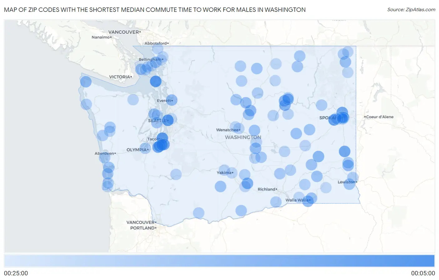 Zip Codes with the Shortest Median Commute Time to Work for Males in Washington Map