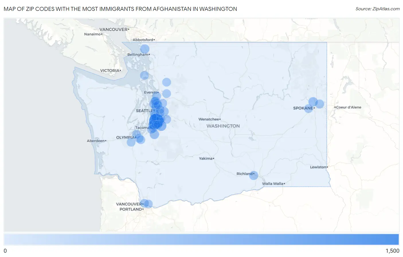 Zip Codes with the Most Immigrants from Afghanistan in Washington Map