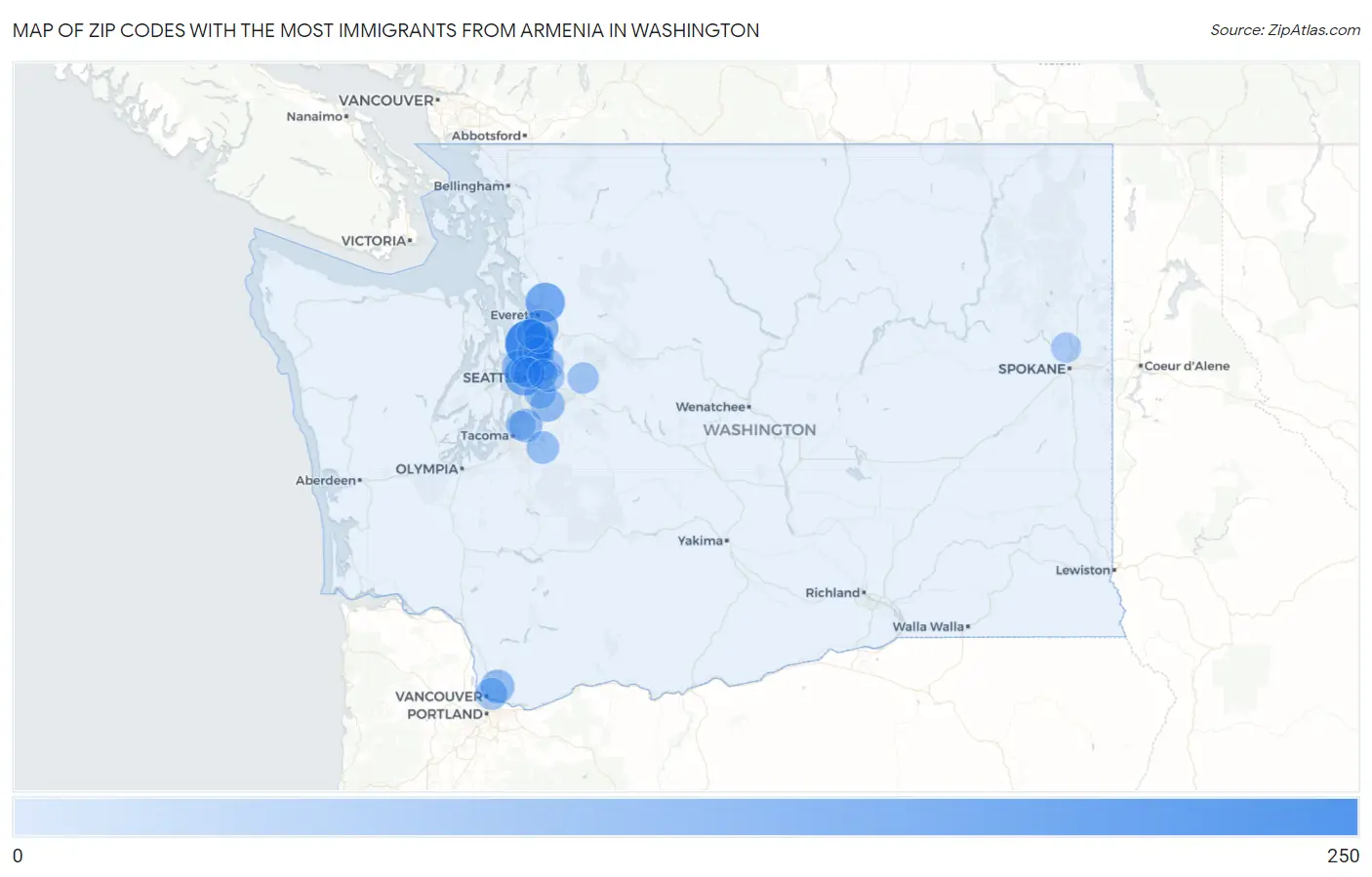 Zip Codes with the Most Immigrants from Armenia in Washington Map