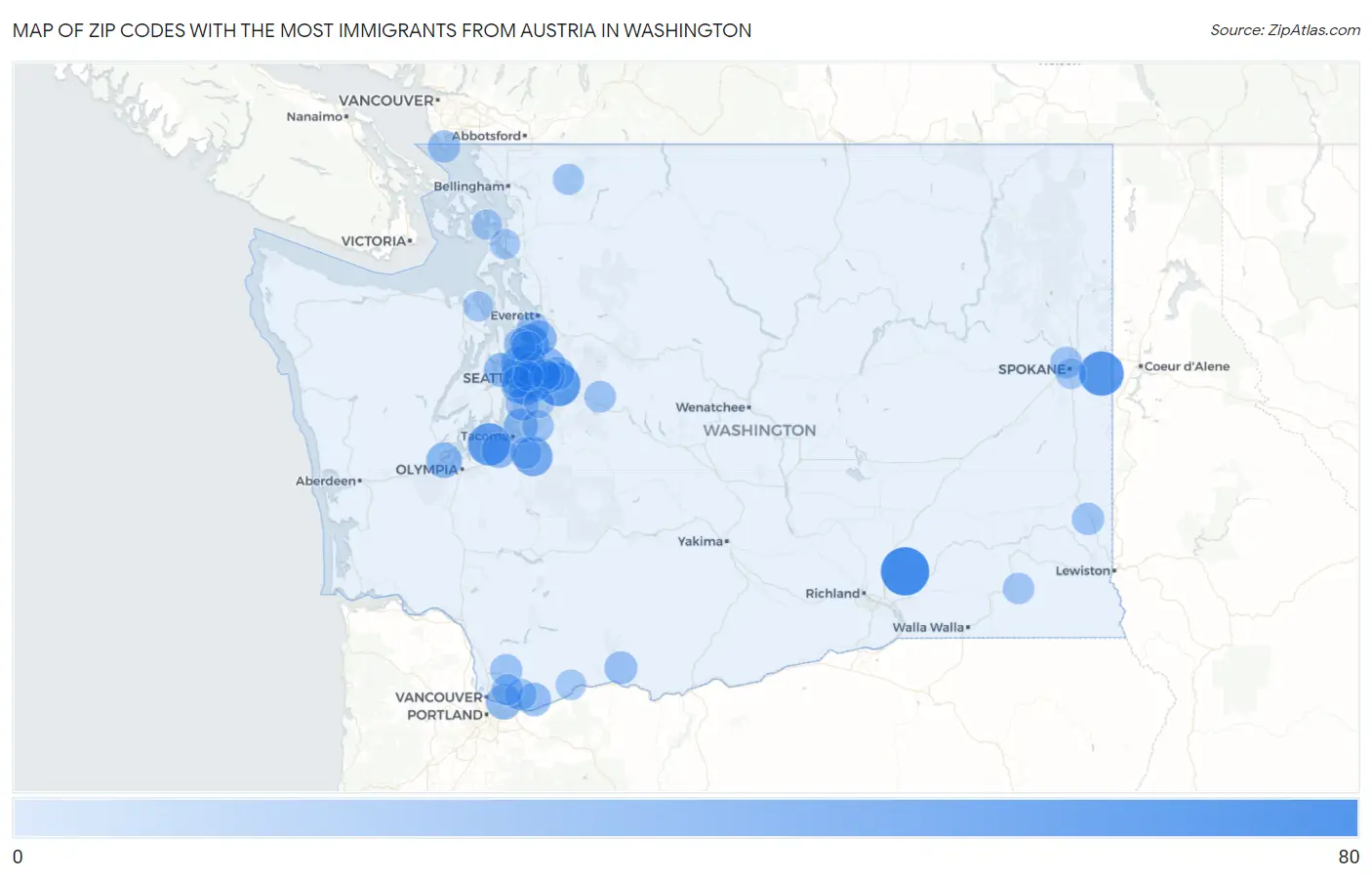 Zip Codes with the Most Immigrants from Austria in Washington Map