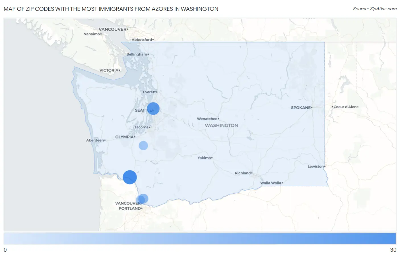 Zip Codes with the Most Immigrants from Azores in Washington Map