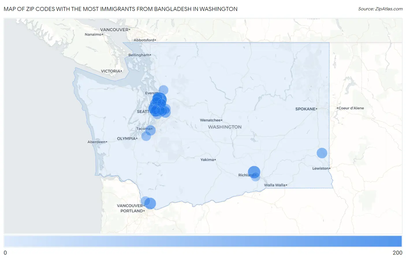 Zip Codes with the Most Immigrants from Bangladesh in Washington Map