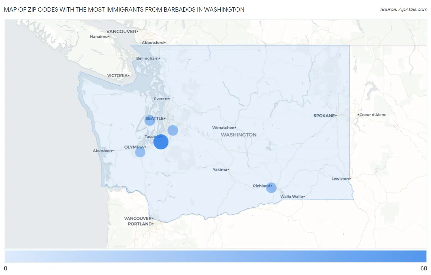 Zip Codes with the Most Immigrants from Barbados in Washington Map