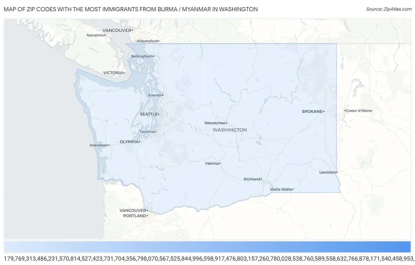 Zip Codes with the Most Immigrants from Burma / Myanmar in Washington Map