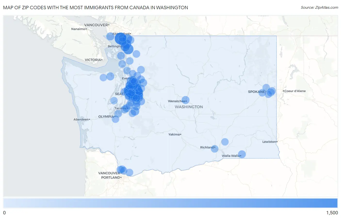Zip Codes with the Most Immigrants from Canada in Washington Map