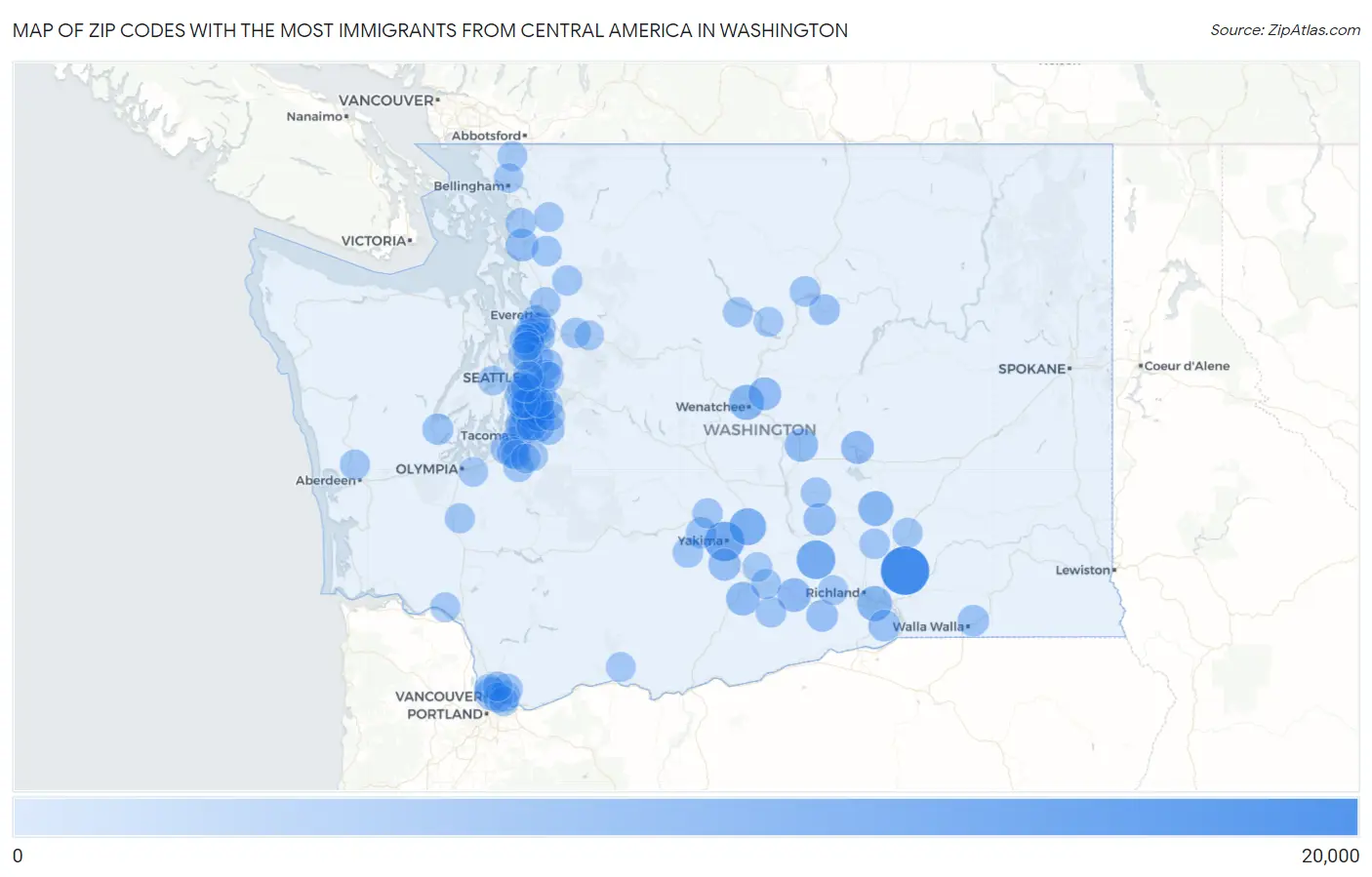 Zip Codes with the Most Immigrants from Central America in Washington Map