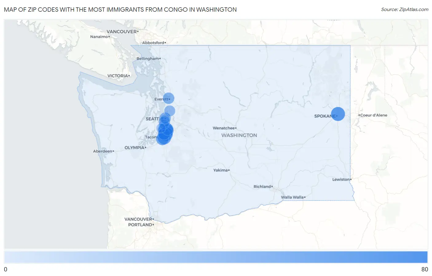 Zip Codes with the Most Immigrants from Congo in Washington Map