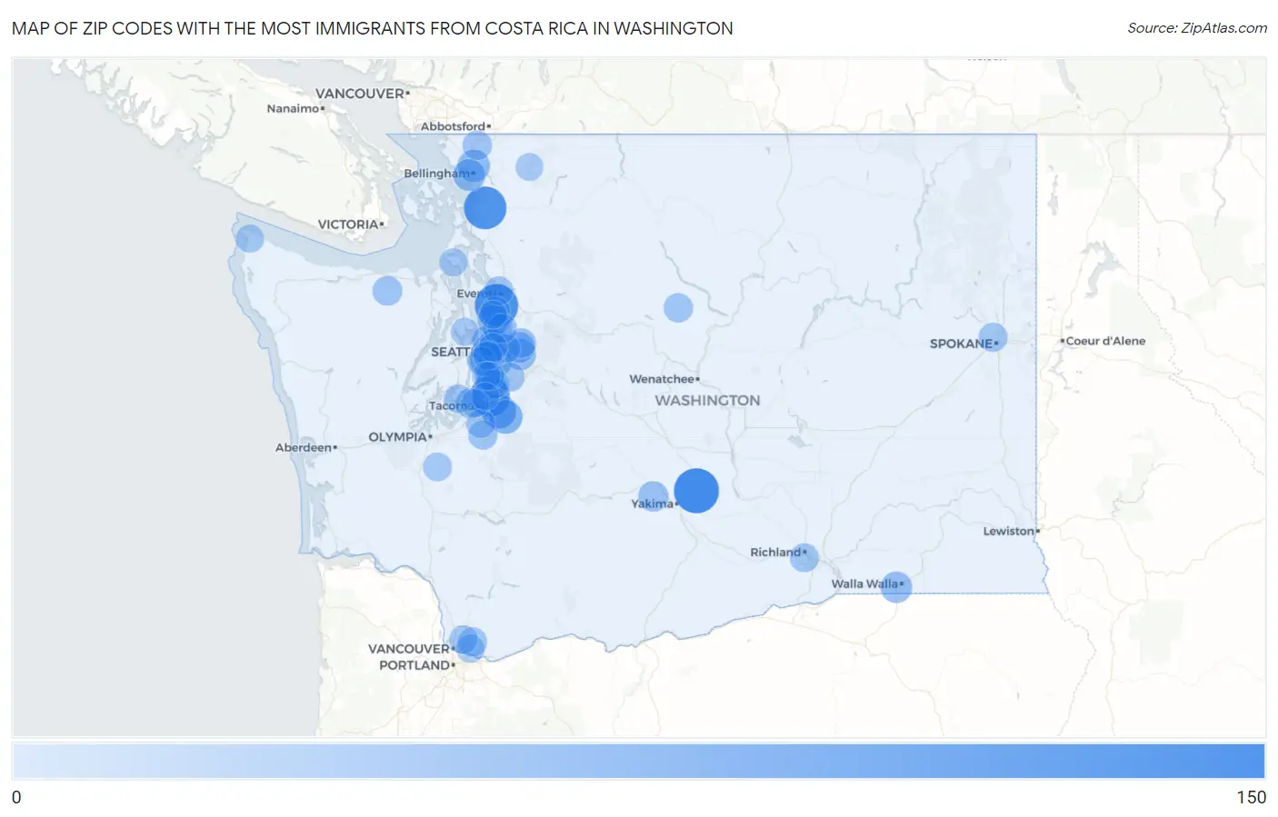 Zip Codes with the Most Immigrants from Costa Rica in Washington Map