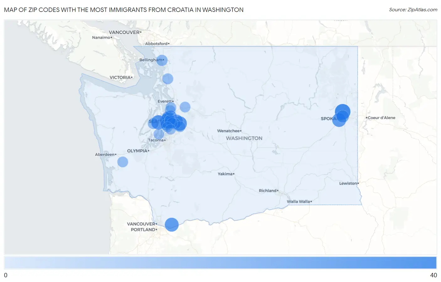 Zip Codes with the Most Immigrants from Croatia in Washington Map