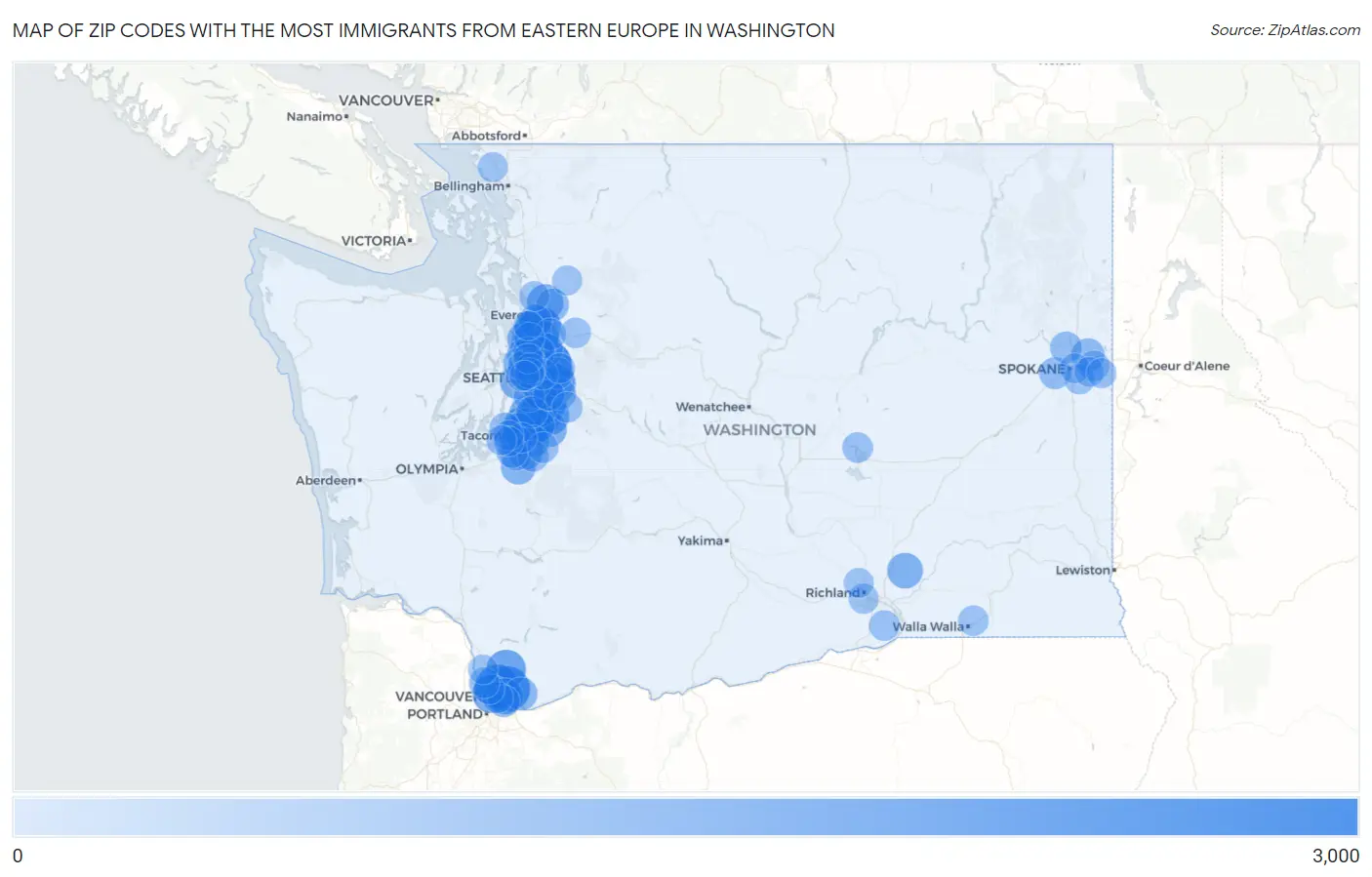 Zip Codes with the Most Immigrants from Eastern Europe in Washington Map