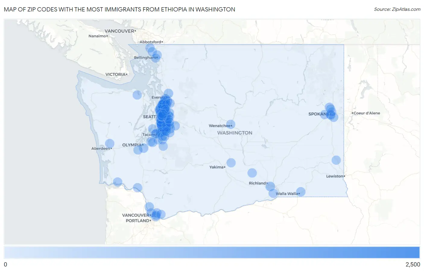 Zip Codes with the Most Immigrants from Ethiopia in Washington Map