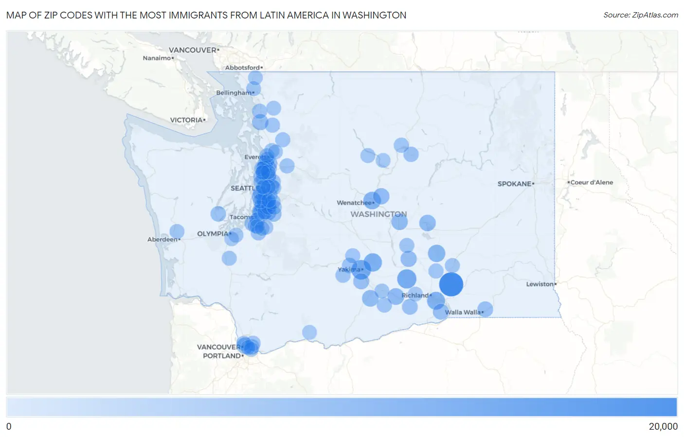 Zip Codes with the Most Immigrants from Latin America in Washington Map