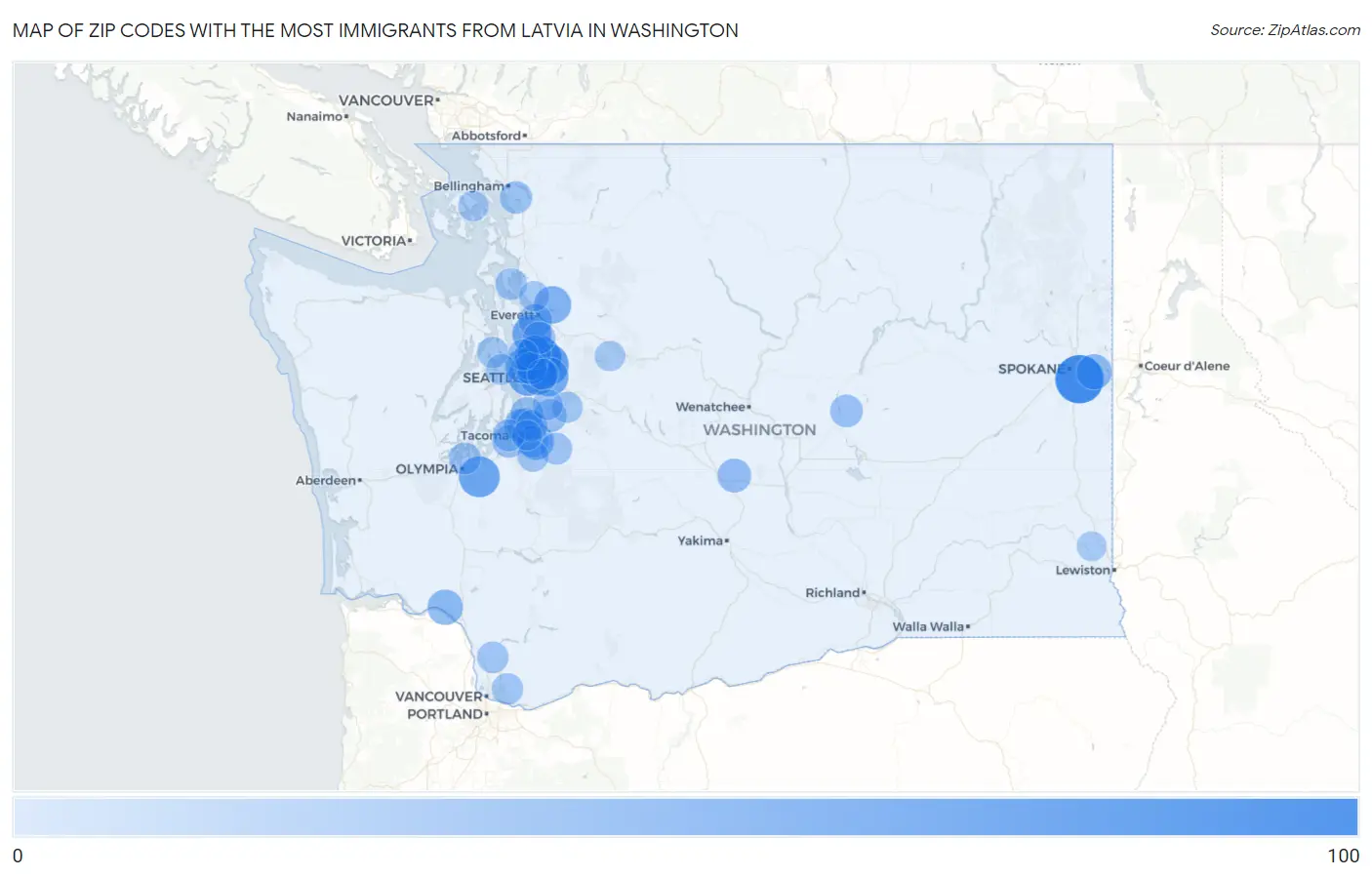 Zip Codes with the Most Immigrants from Latvia in Washington Map