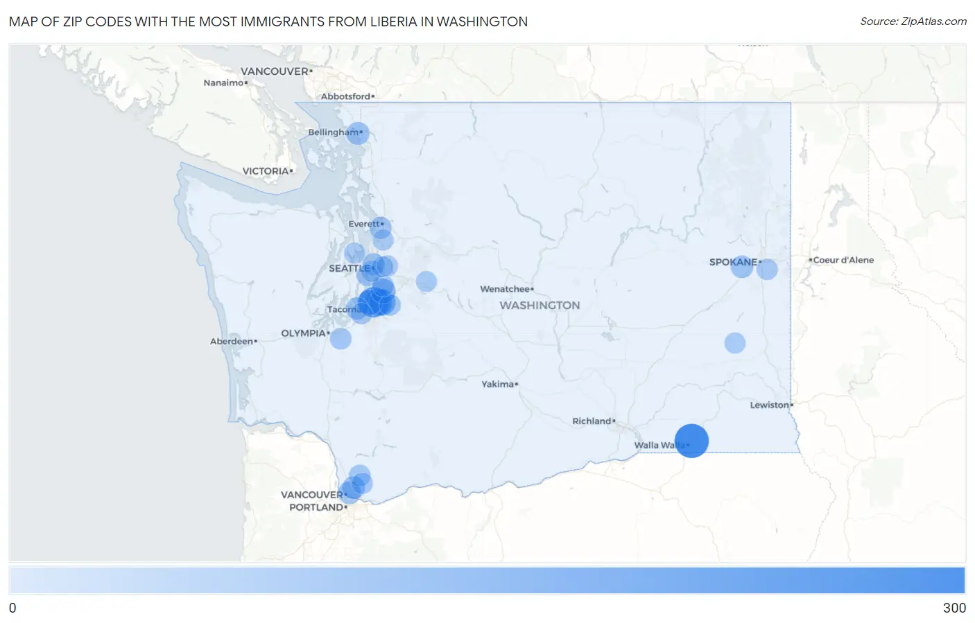 Zip Codes with the Most Immigrants from Liberia in Washington Map