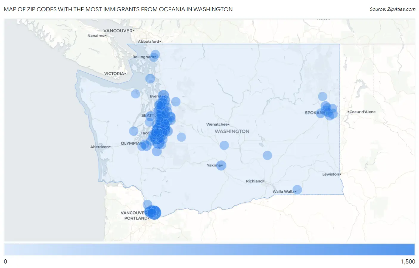 Zip Codes with the Most Immigrants from Oceania in Washington Map
