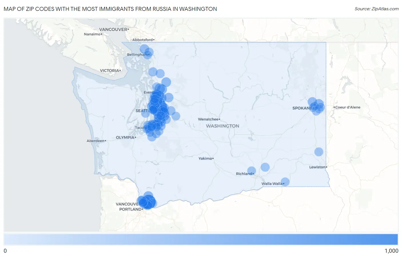 Zip Codes with the Most Immigrants from Russia in Washington Map