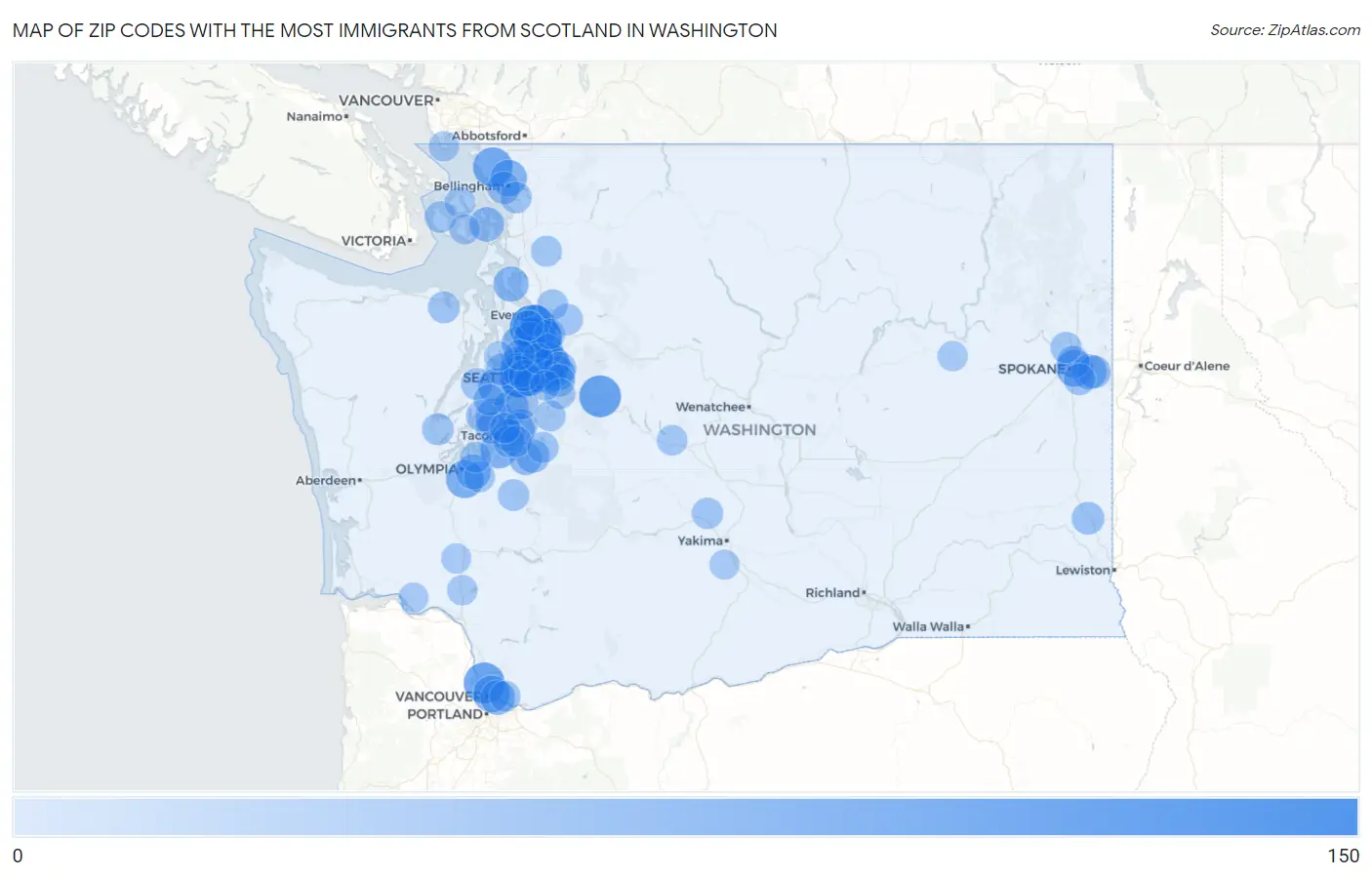 Zip Codes with the Most Immigrants from Scotland in Washington Map