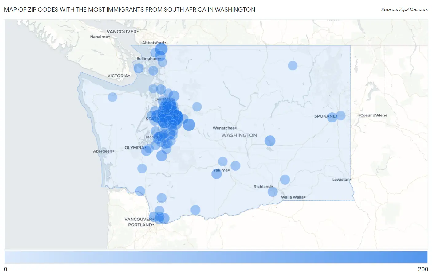 Zip Codes with the Most Immigrants from South Africa in Washington Map