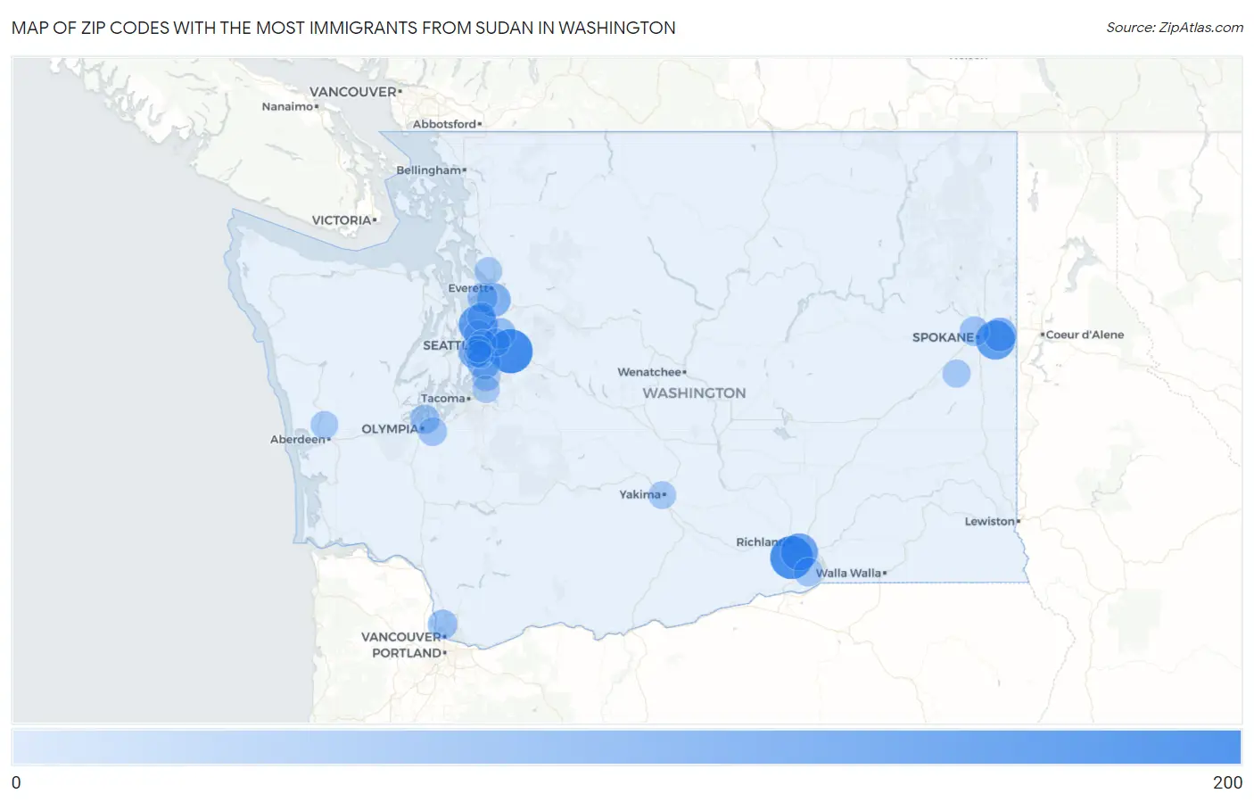 Zip Codes with the Most Immigrants from Sudan in Washington Map