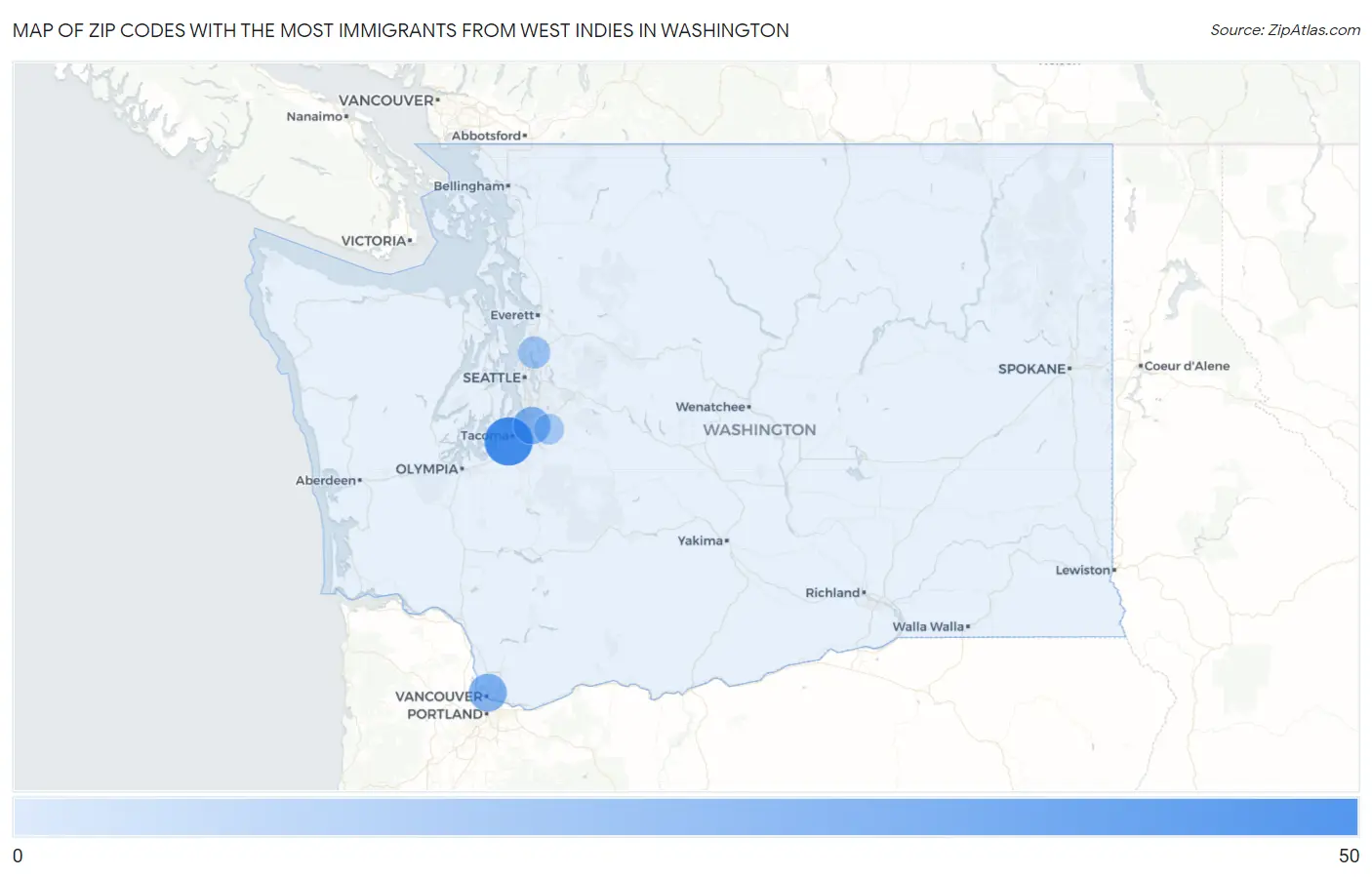 Zip Codes with the Most Immigrants from West Indies in Washington Map