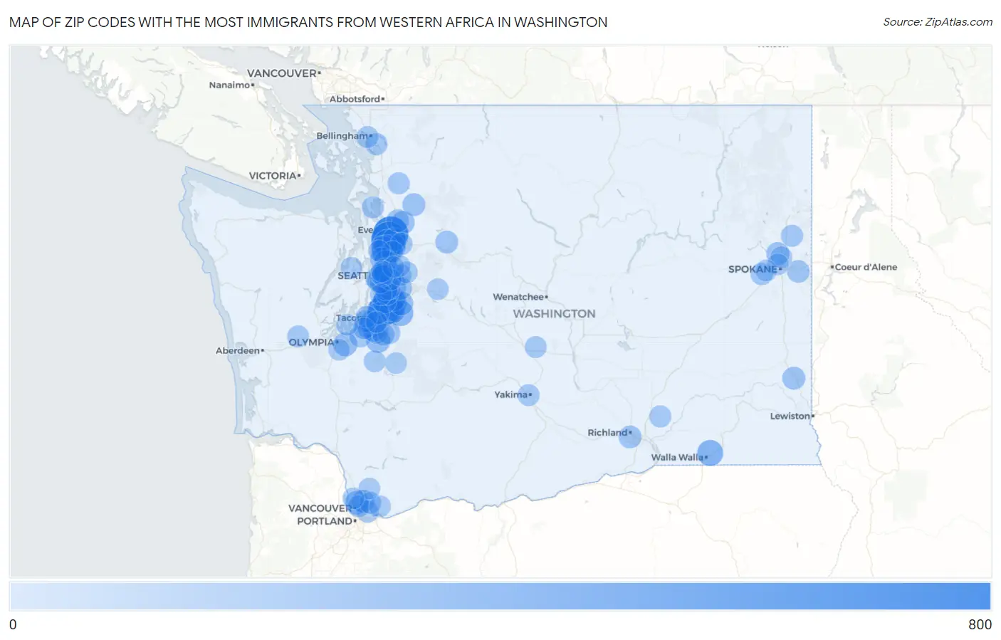 Zip Codes with the Most Immigrants from Western Africa in Washington Map