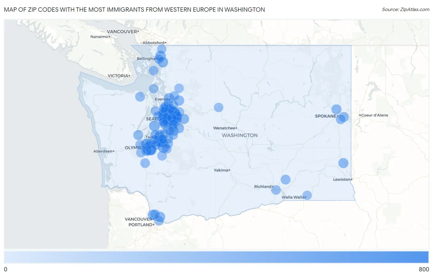 Zip Codes with the Most Immigrants from Western Europe in Washington Map