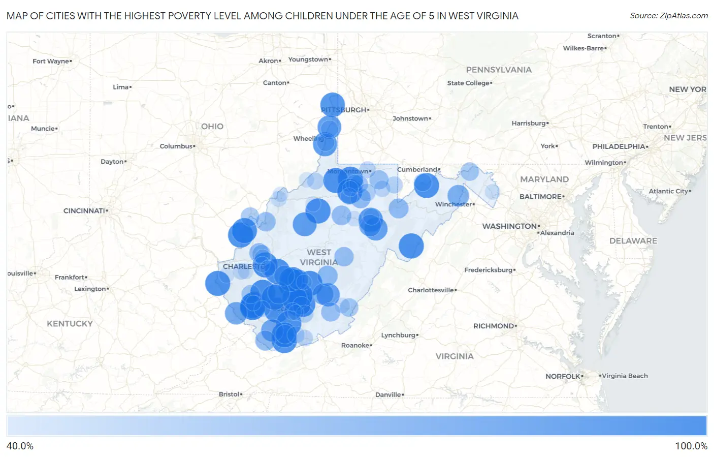 Cities with the Highest Poverty Level Among Children Under the Age of 5 in West Virginia Map