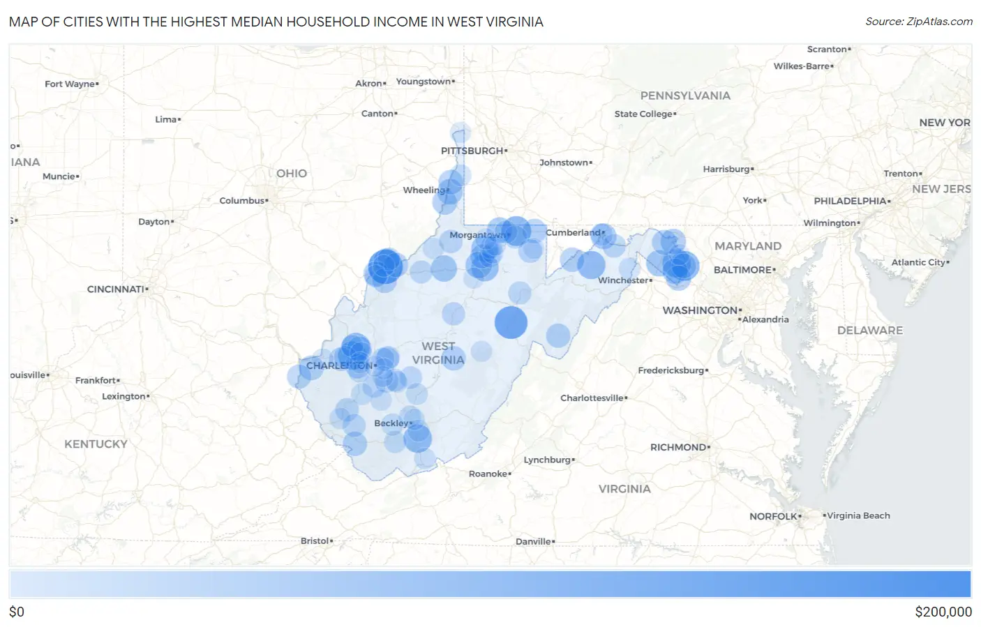 Cities with the Highest Median Household Income in West Virginia Map