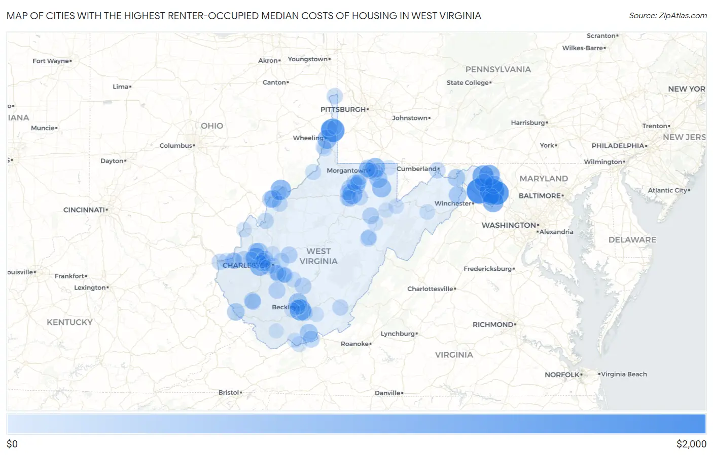 Cities with the Highest Renter-Occupied Median Costs of Housing in West Virginia Map