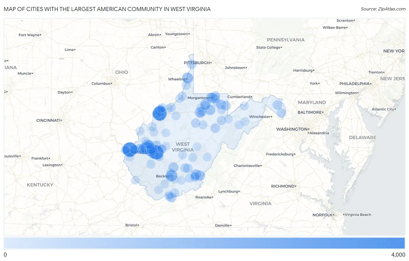 Cities with the Largest American Community in West Virginia Map