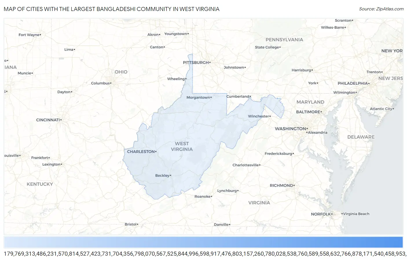 Cities with the Largest Bangladeshi Community in West Virginia Map