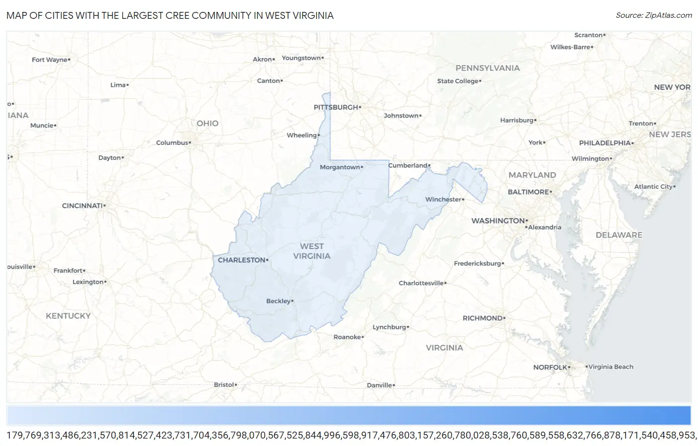 Cities with the Largest Cree Community in West Virginia Map