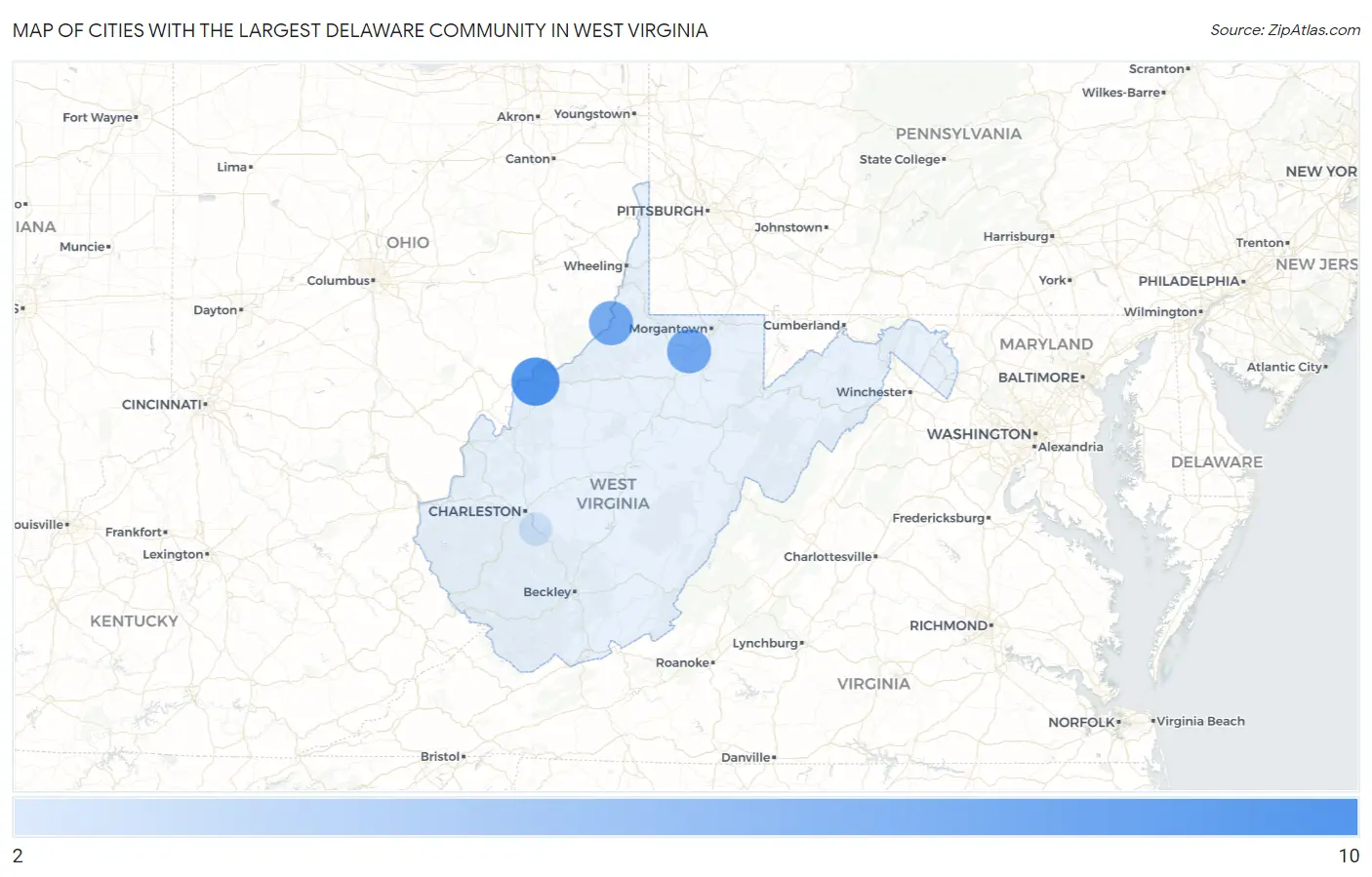 Cities with the Largest Delaware Community in West Virginia Map