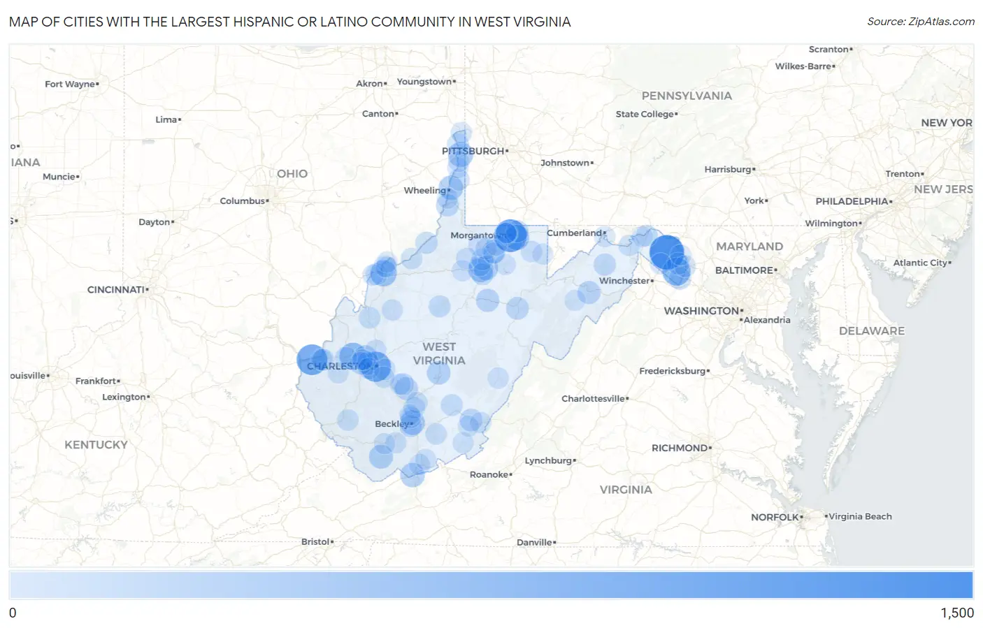 Cities with the Largest Hispanic or Latino Community in West Virginia Map