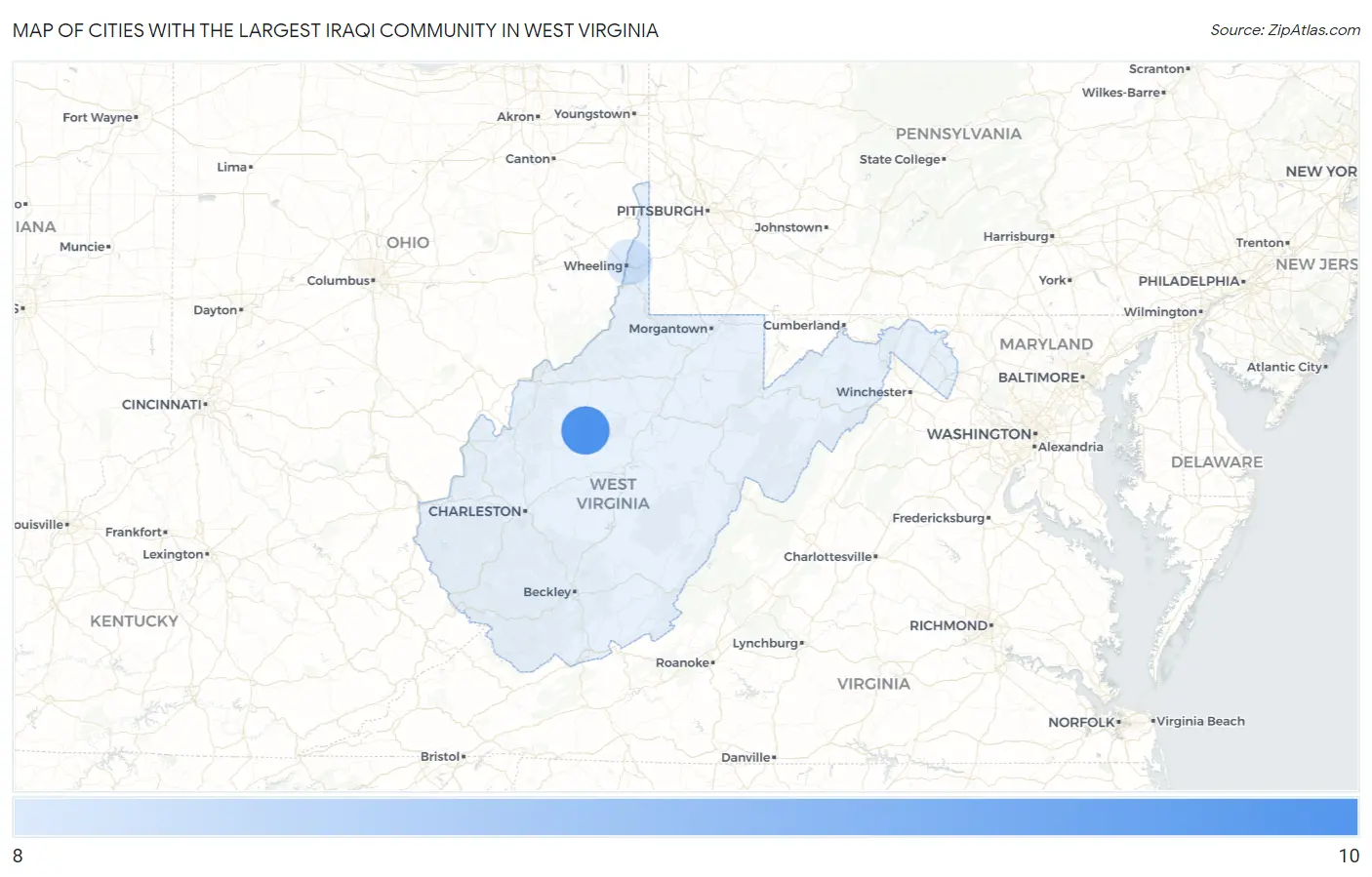 Cities with the Largest Iraqi Community in West Virginia Map