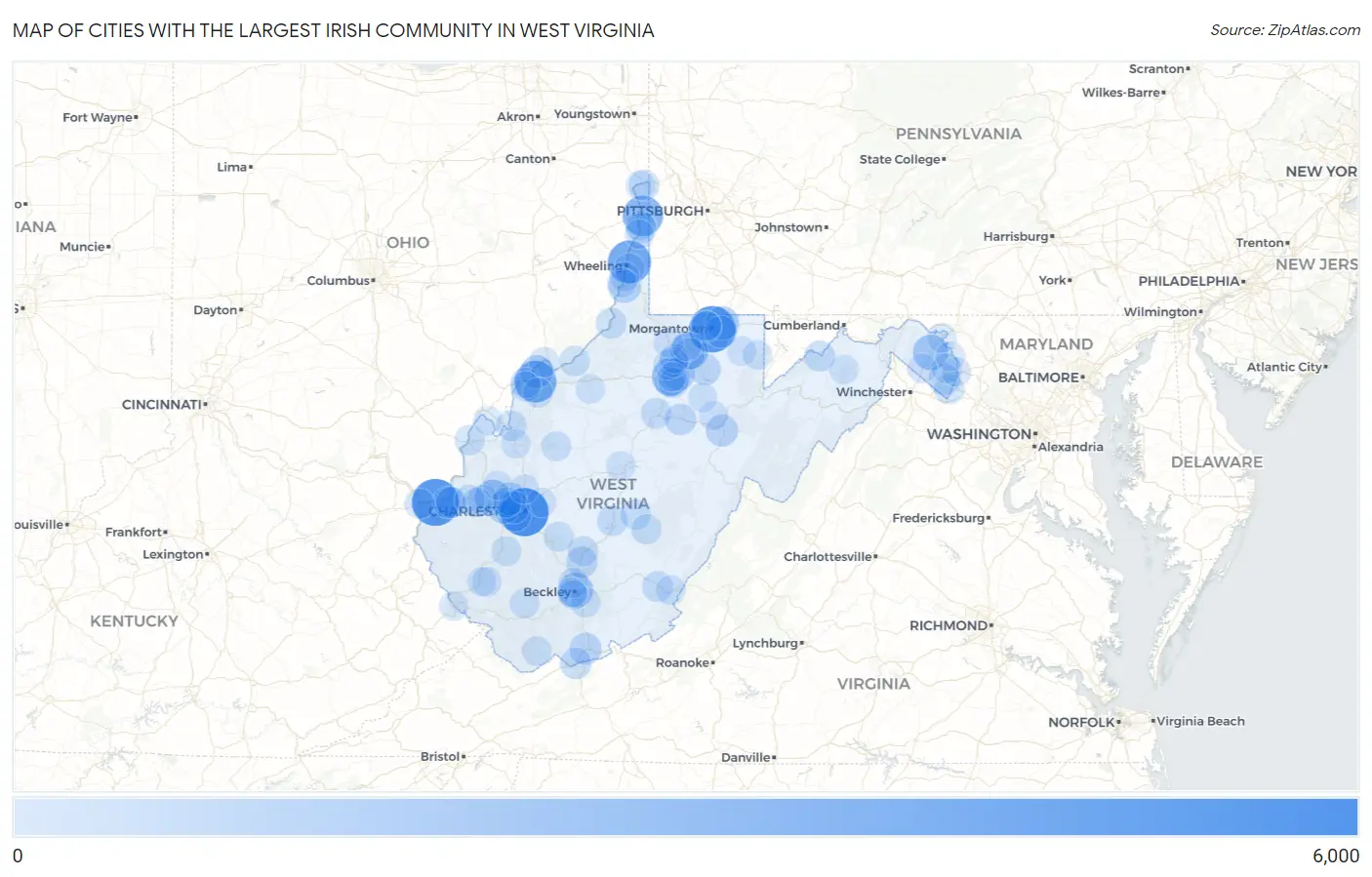 Cities with the Largest Irish Community in West Virginia Map