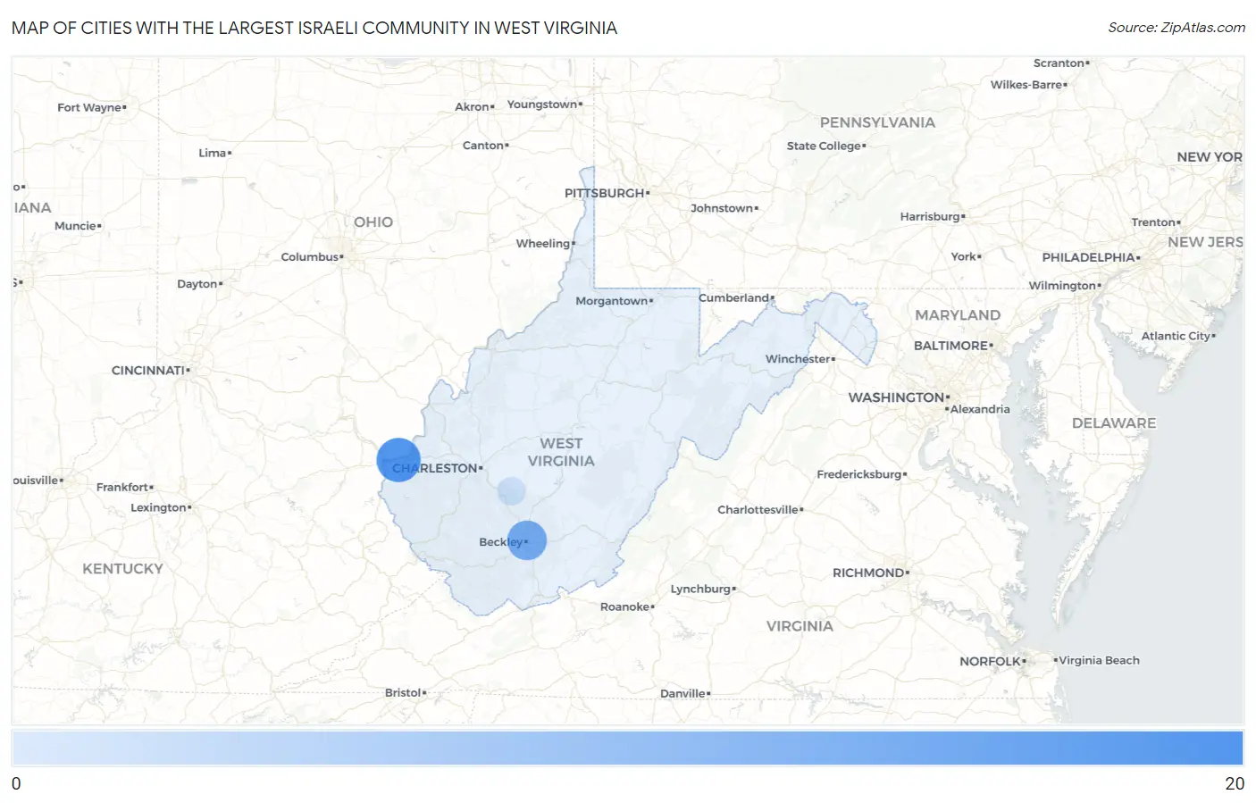 Cities with the Largest Israeli Community in West Virginia Map