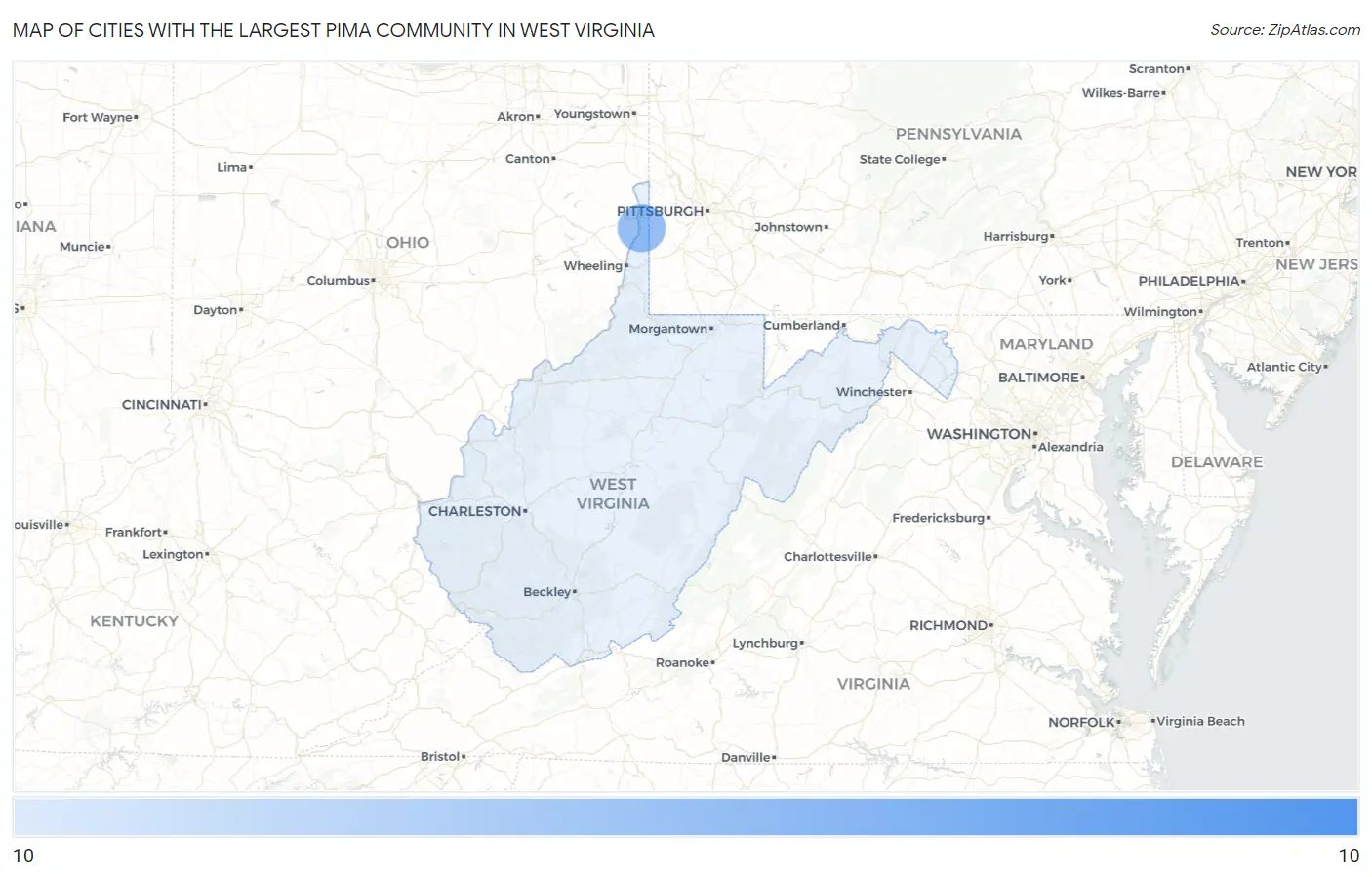 Cities with the Largest Pima Community in West Virginia Map