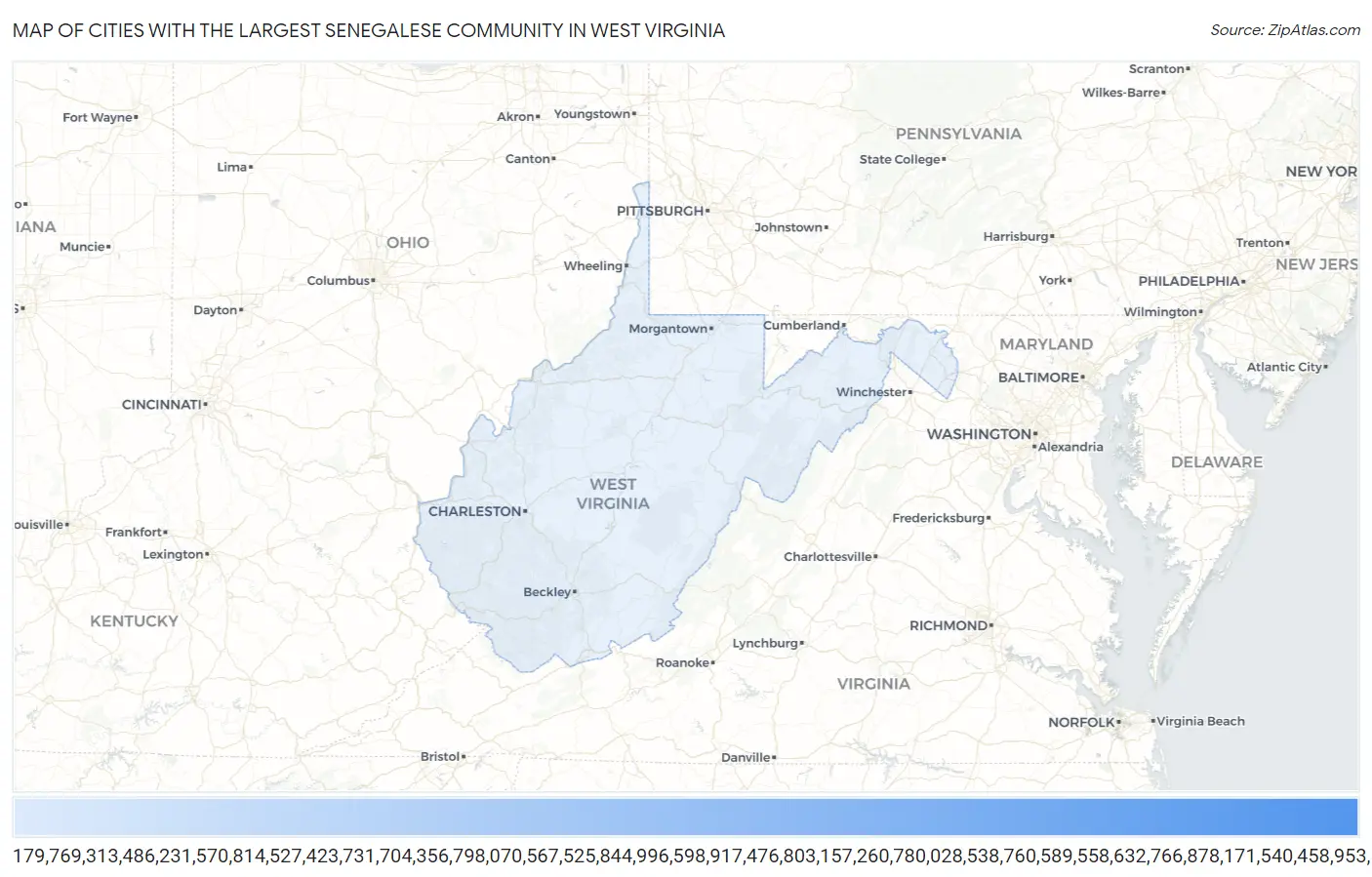 Cities with the Largest Senegalese Community in West Virginia Map