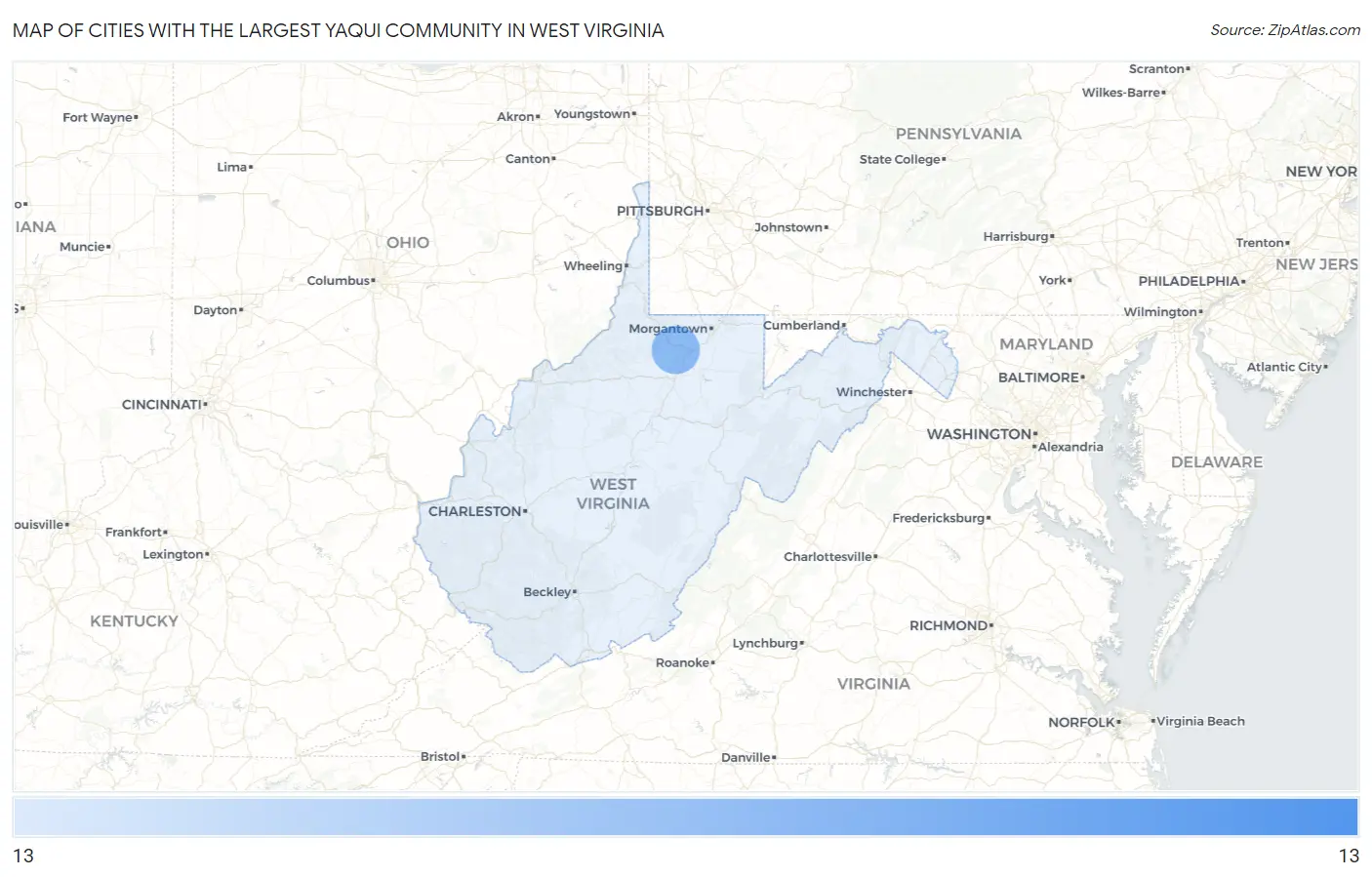 Cities with the Largest Yaqui Community in West Virginia Map