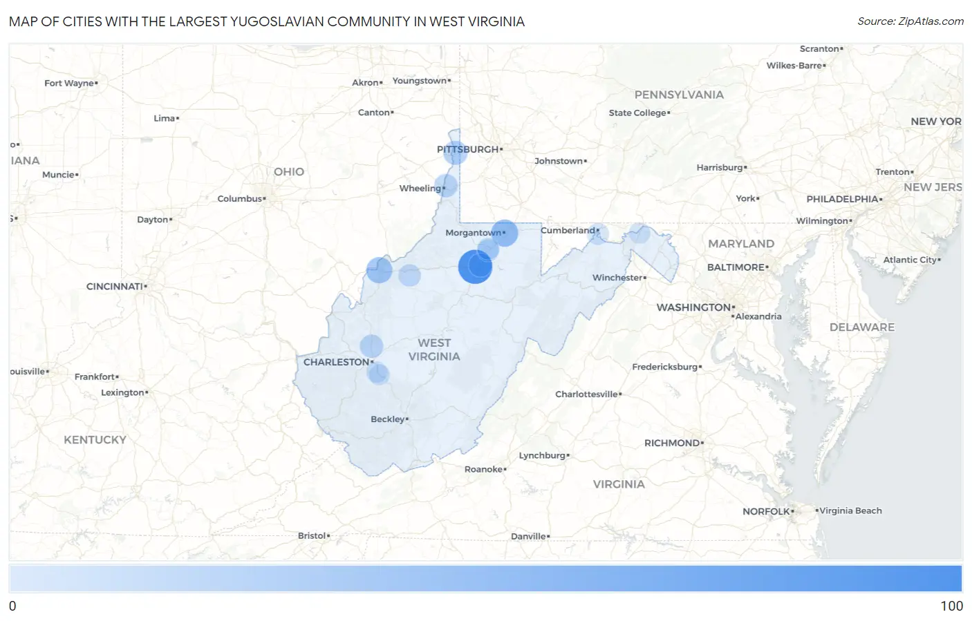 Cities with the Largest Yugoslavian Community in West Virginia Map