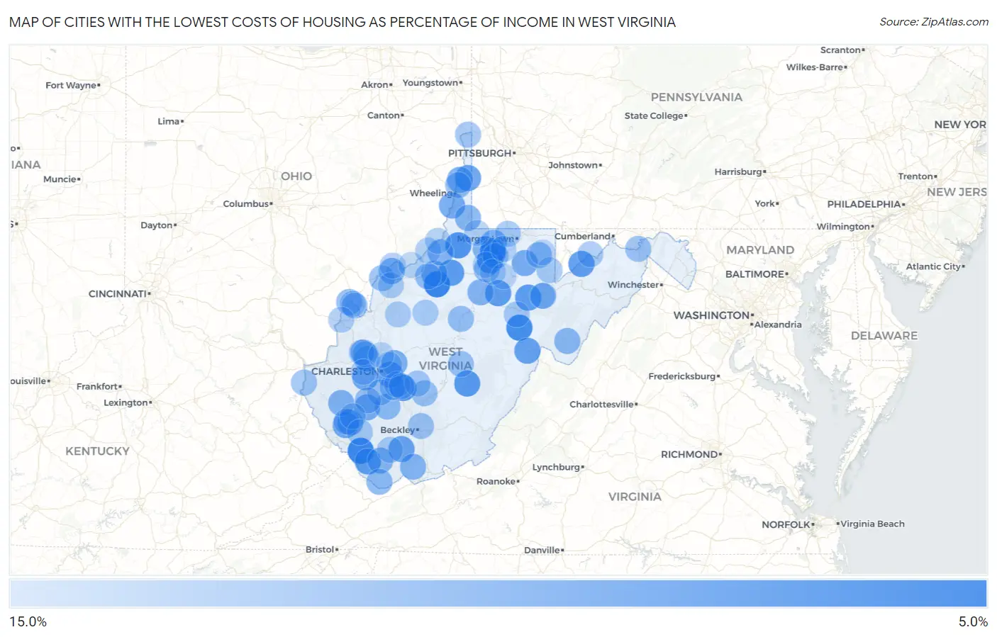 Cities with the Lowest Costs of Housing as Percentage of Income in West Virginia Map