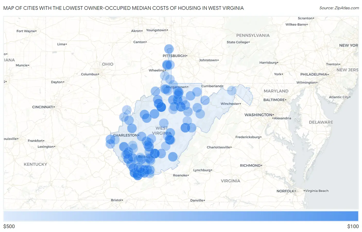 Cities with the Lowest Owner-Occupied Median Costs of Housing in West Virginia Map