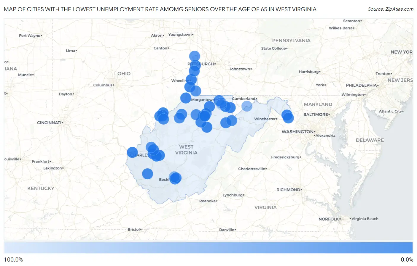 Cities with the Lowest Unemployment Rate Amomg Seniors Over the Age of 65 in West Virginia Map