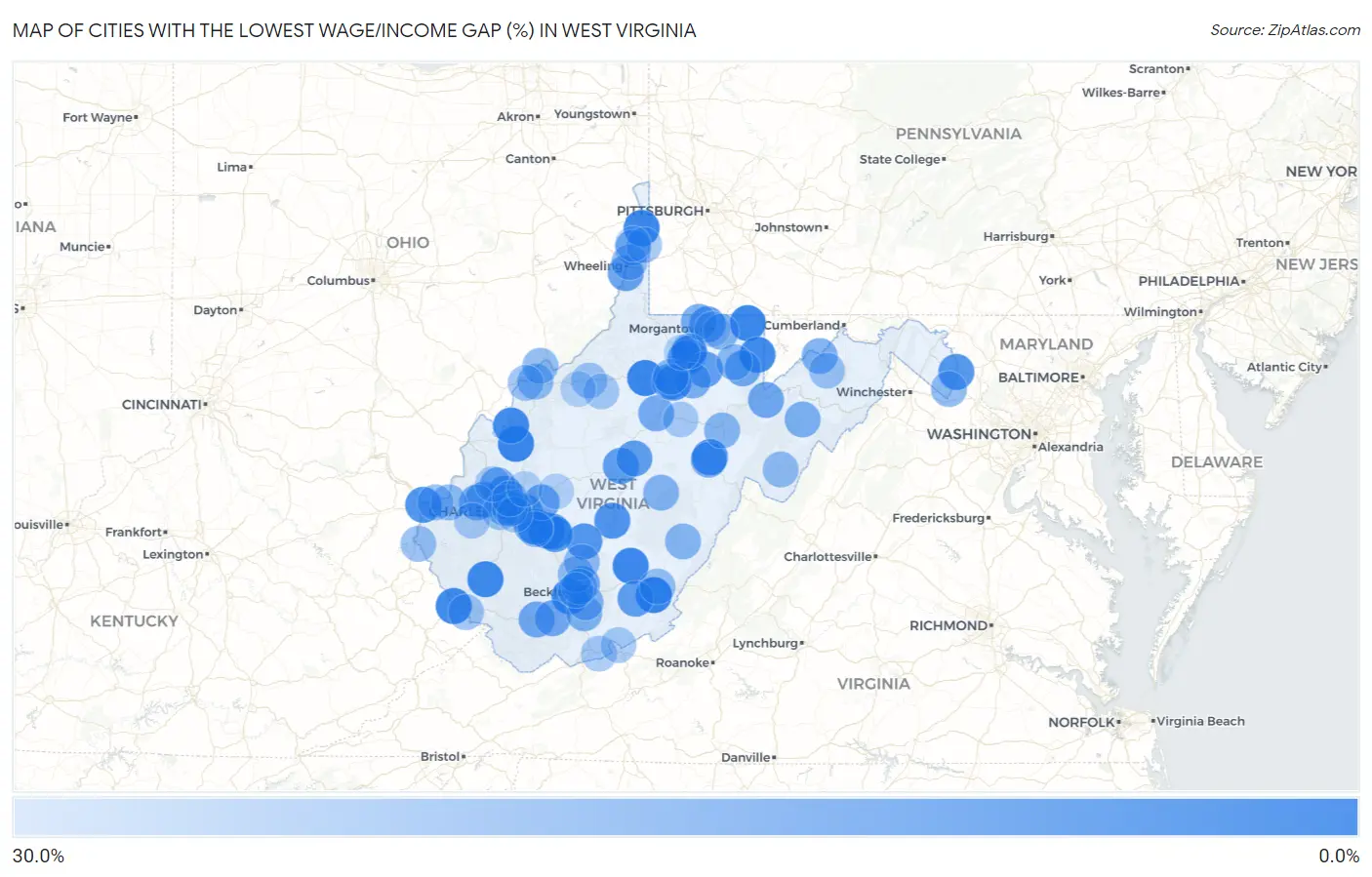 Cities with the Lowest Wage/Income Gap (%) in West Virginia Map