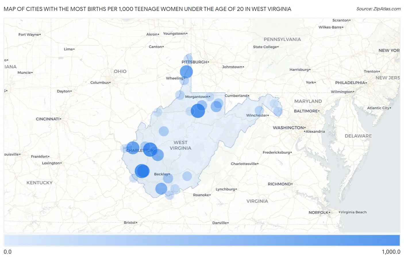 Cities with the Most Births per 1,000 Teenage Women Under the Age of 20 in West Virginia Map