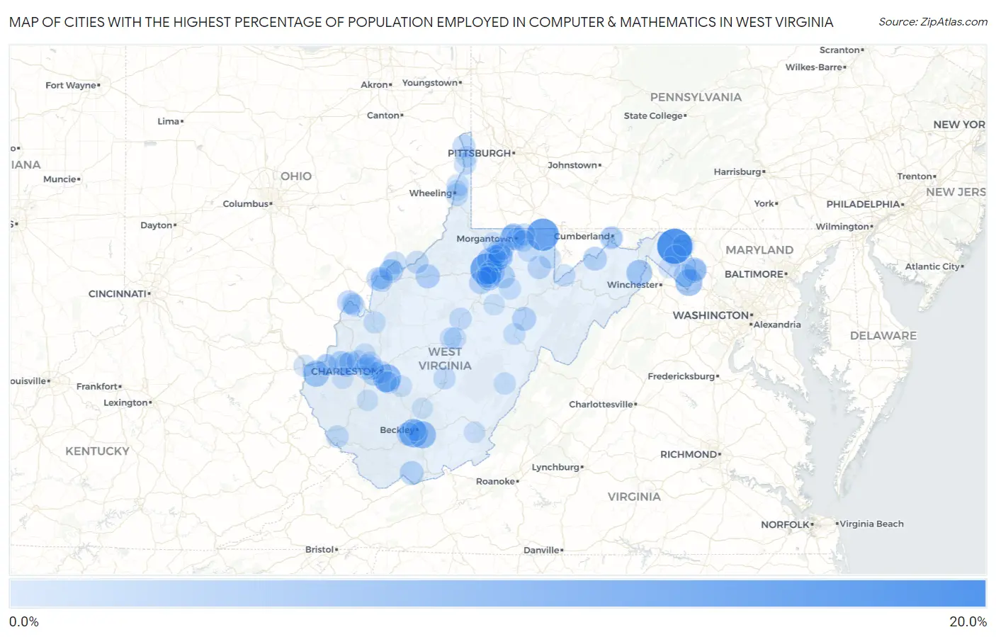 Cities with the Highest Percentage of Population Employed in Computer & Mathematics in West Virginia Map